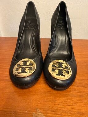 Tory Burch Black Leather Wedges with Gold Logo Medallions